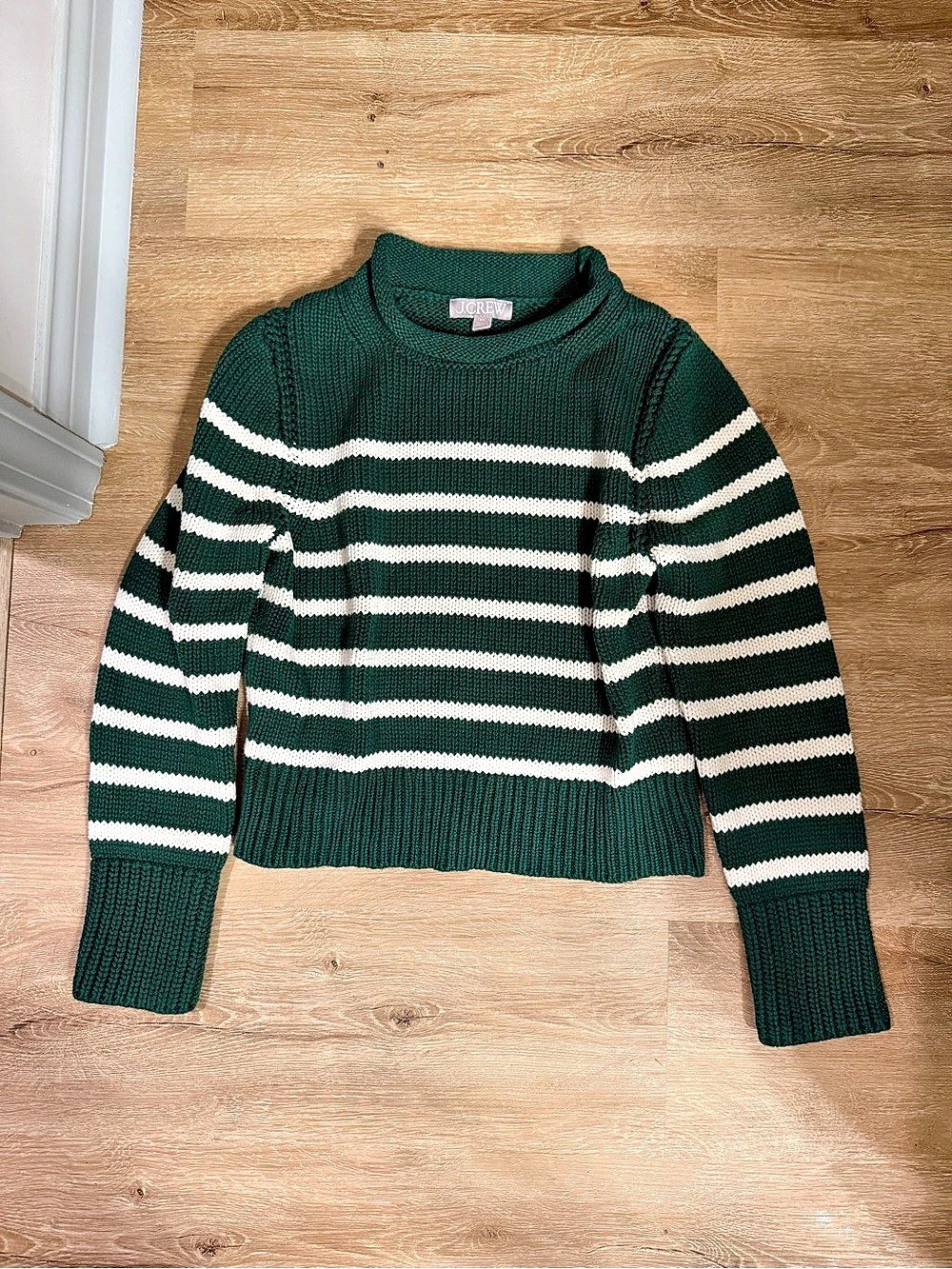 J.Crew 2025 Rollneck Sweater in Stripe Striped Cotton Sweater Green & White XS
